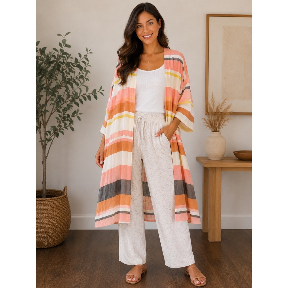 LOFT Striped Kimono Wrap Cardigan Orange Pink Yellow Open Front XS/S